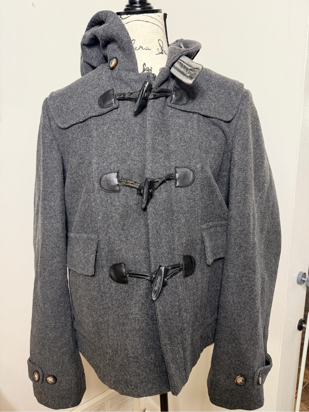 Nautica Size L Gray 80% Wool Hooded Faux LeatherToggle Duffle Coat Preppy